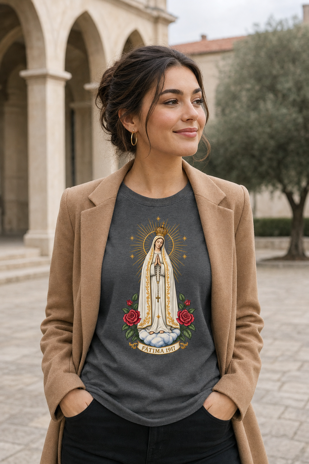 senora-de-fatima-softstyle-tee lifestyle · Dark Heather Grey