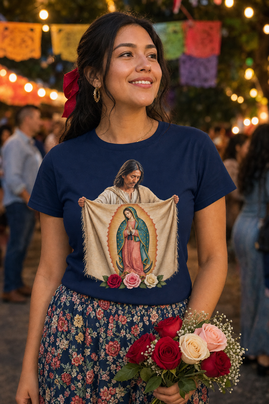 st-juan-diego-tee lifestyle · Navy · hero · bnr-card:womens-clothing · bnr-card:mama-maria · bnr-card:saints-witnesses