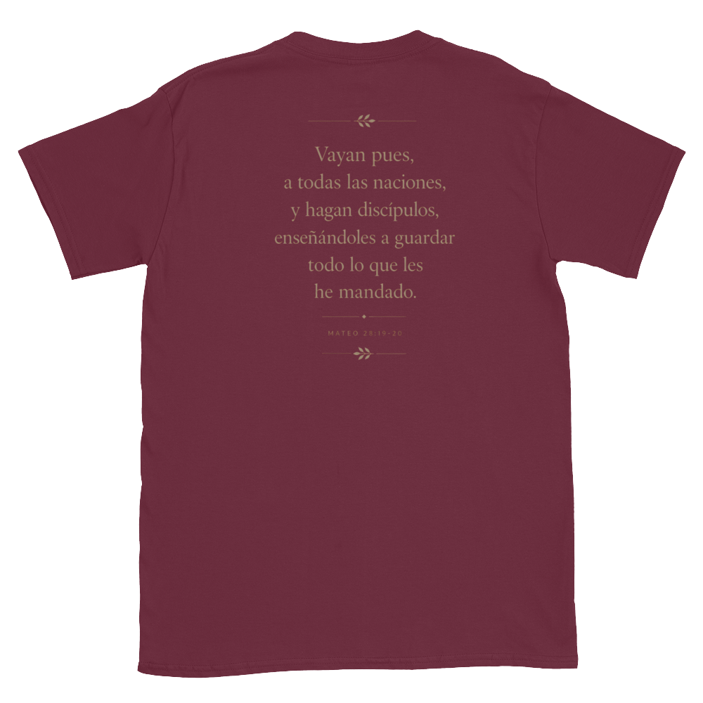 Mateo 28 Gold Tee — back · Maroon