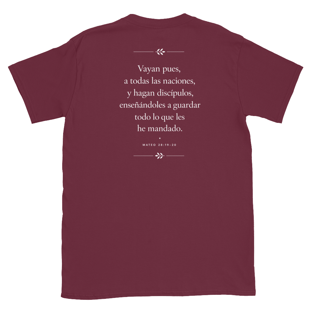 Mateo 28 White Tee — back · Maroon