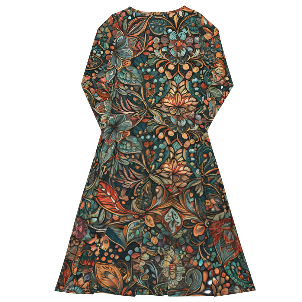 Long Sleeve Midi Dress with Pockets: Stitching & Jubilant