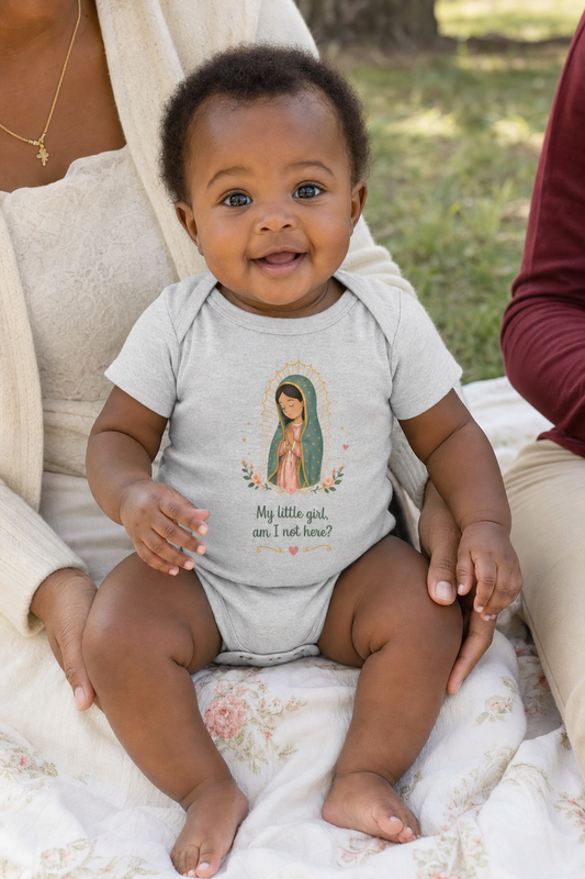 Baby girl wearing the My Little Girl Guadalupe Baby Bodysuit in Athletic Heather