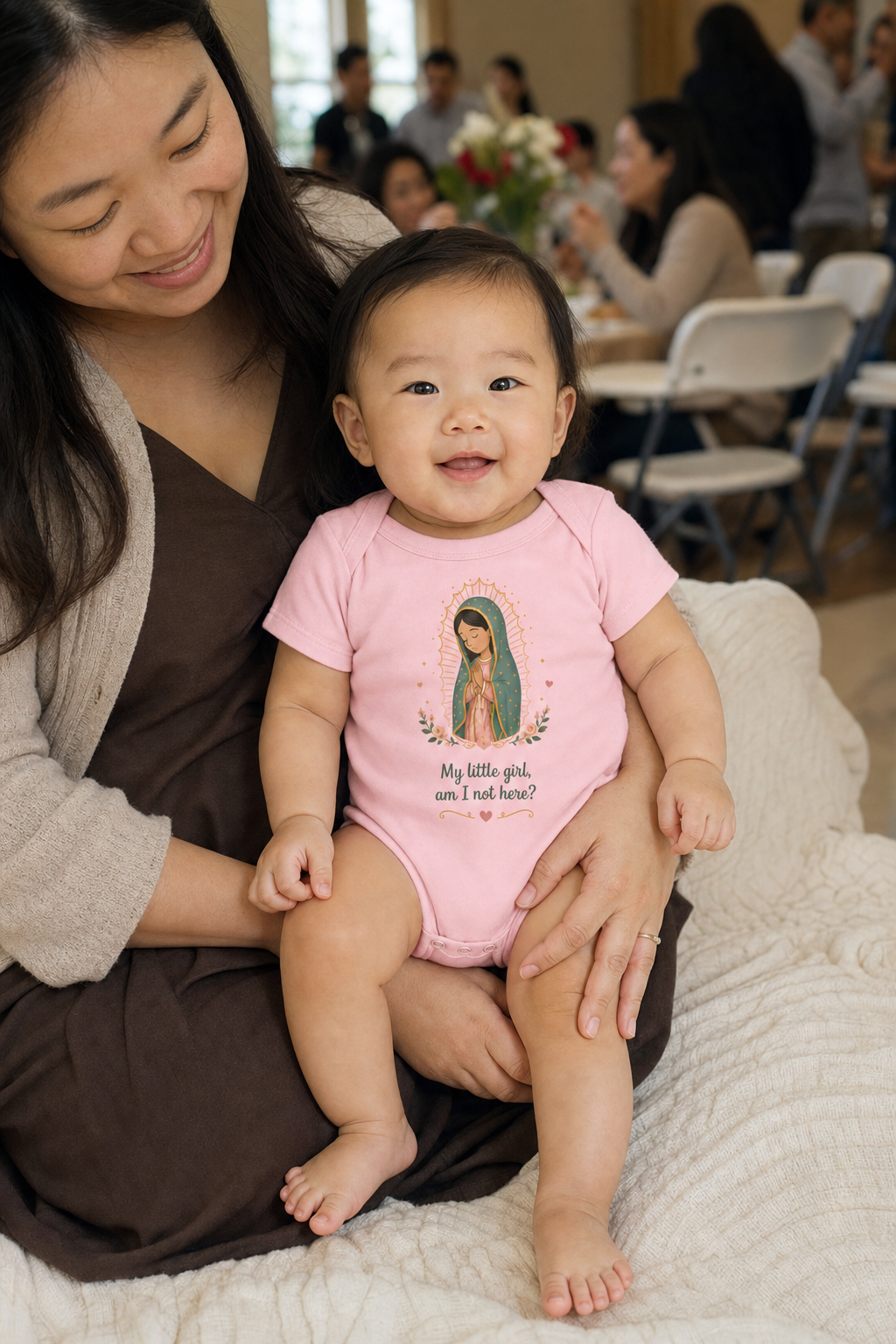 Baby girl wearing the My Little Girl Guadalupe Baby Bodysuit in Pink