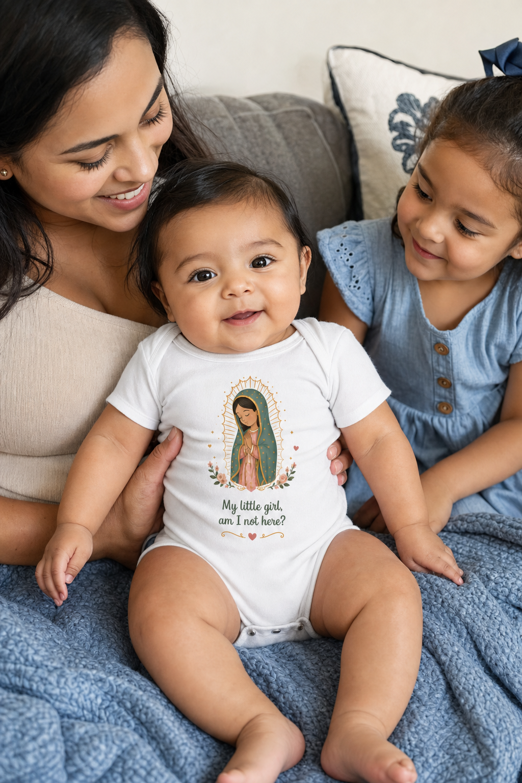 Baby girl wearing the My Little Girl Guadalupe Baby Bodysuit in White