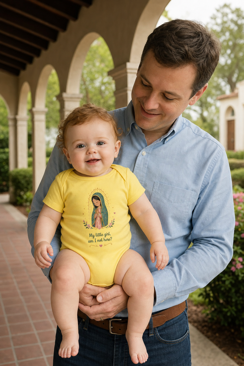Baby girl wearing the My Little Girl Guadalupe Baby Bodysuit in Yellow