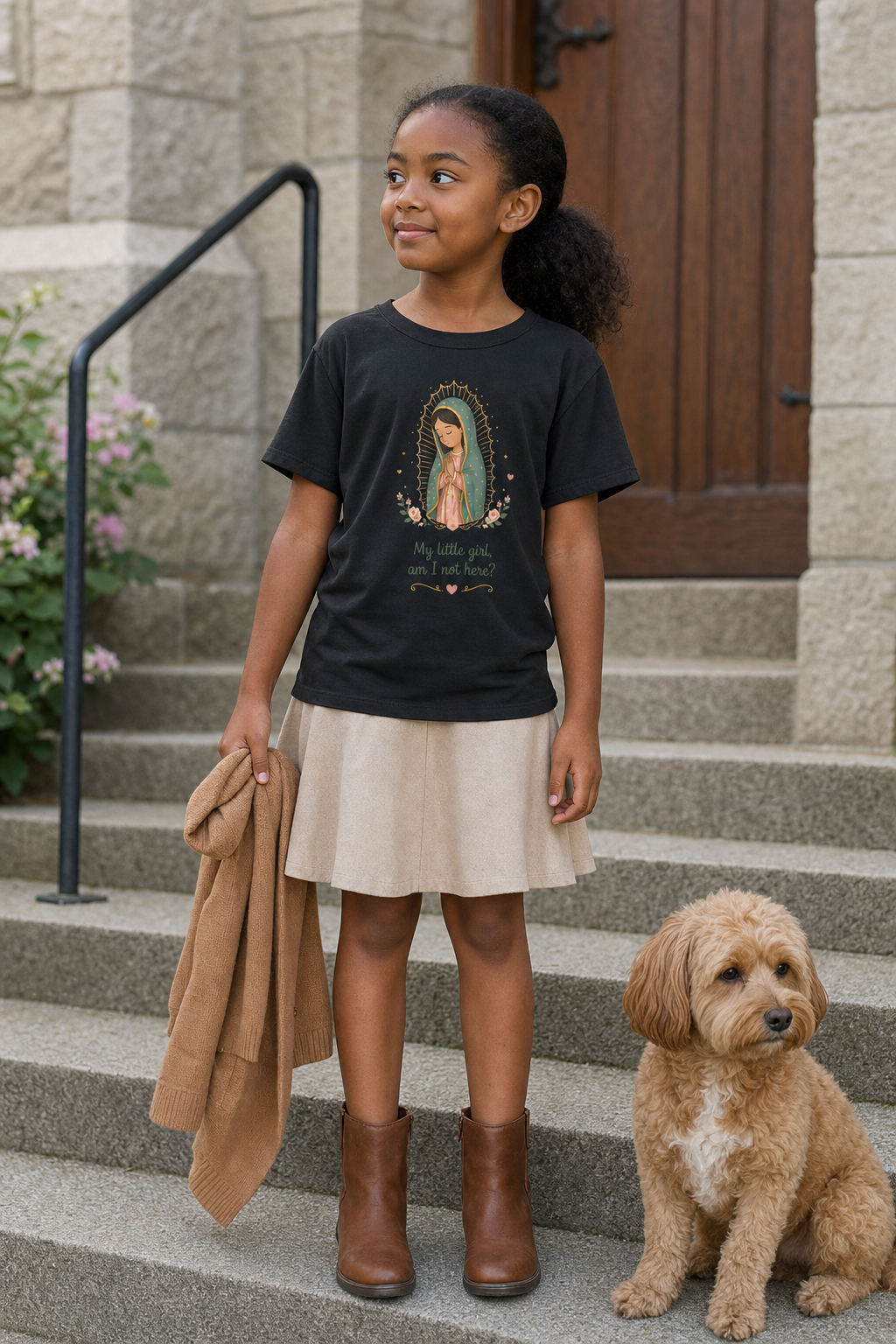 Girl wearing the My Little Girl Guadalupe Girls T-Shirt in Black