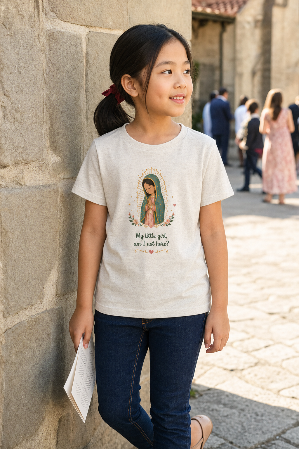 Girl wearing the My Little Girl Guadalupe Girls T-Shirt in Heather Dust