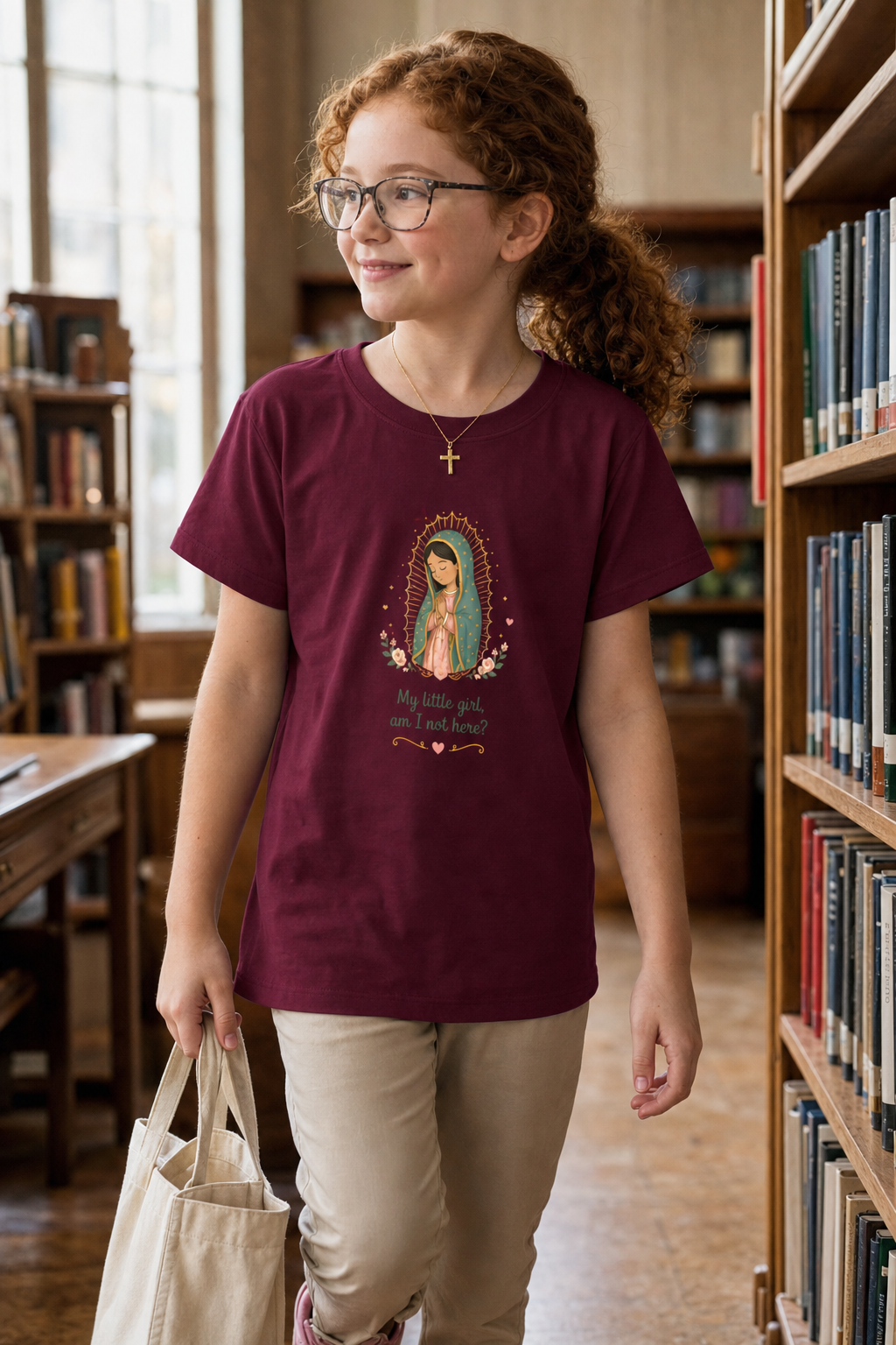 Girl wearing the My Little Girl Guadalupe Girls T-Shirt in Maroon