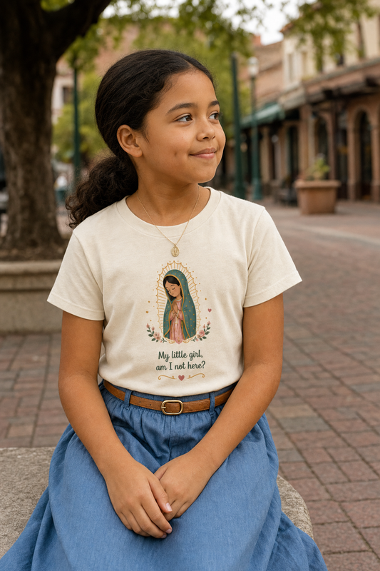 Girl wearing the My Little Girl Guadalupe Girls T-Shirt in Natural