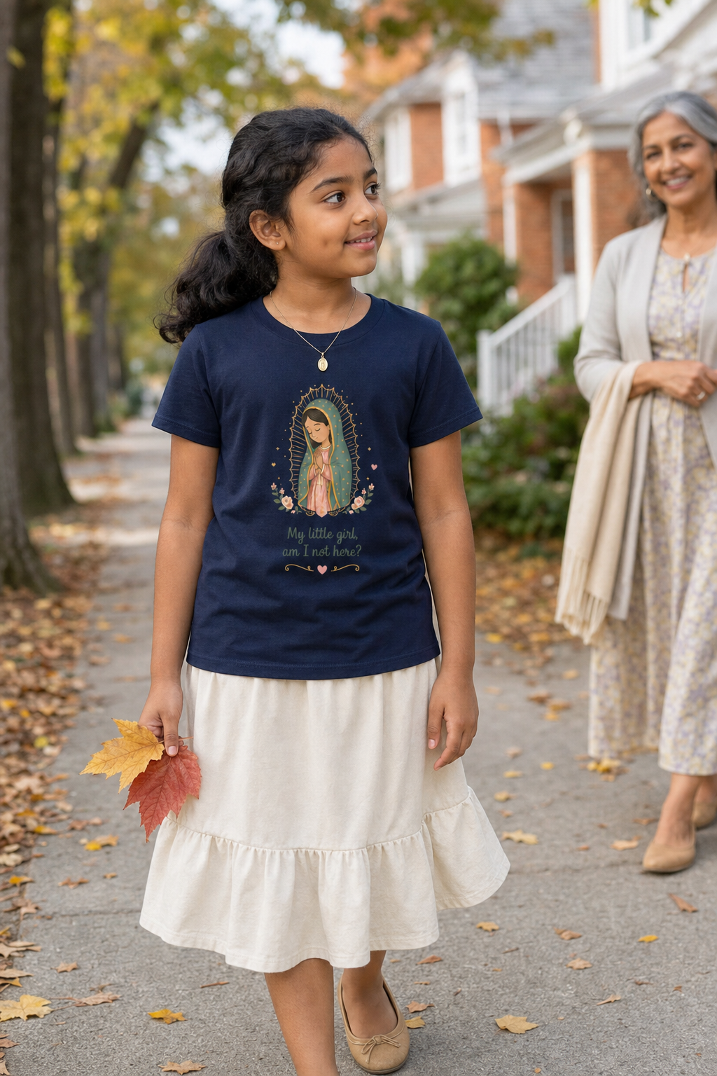 Girl wearing the My Little Girl Guadalupe Girls T-Shirt in Navy
