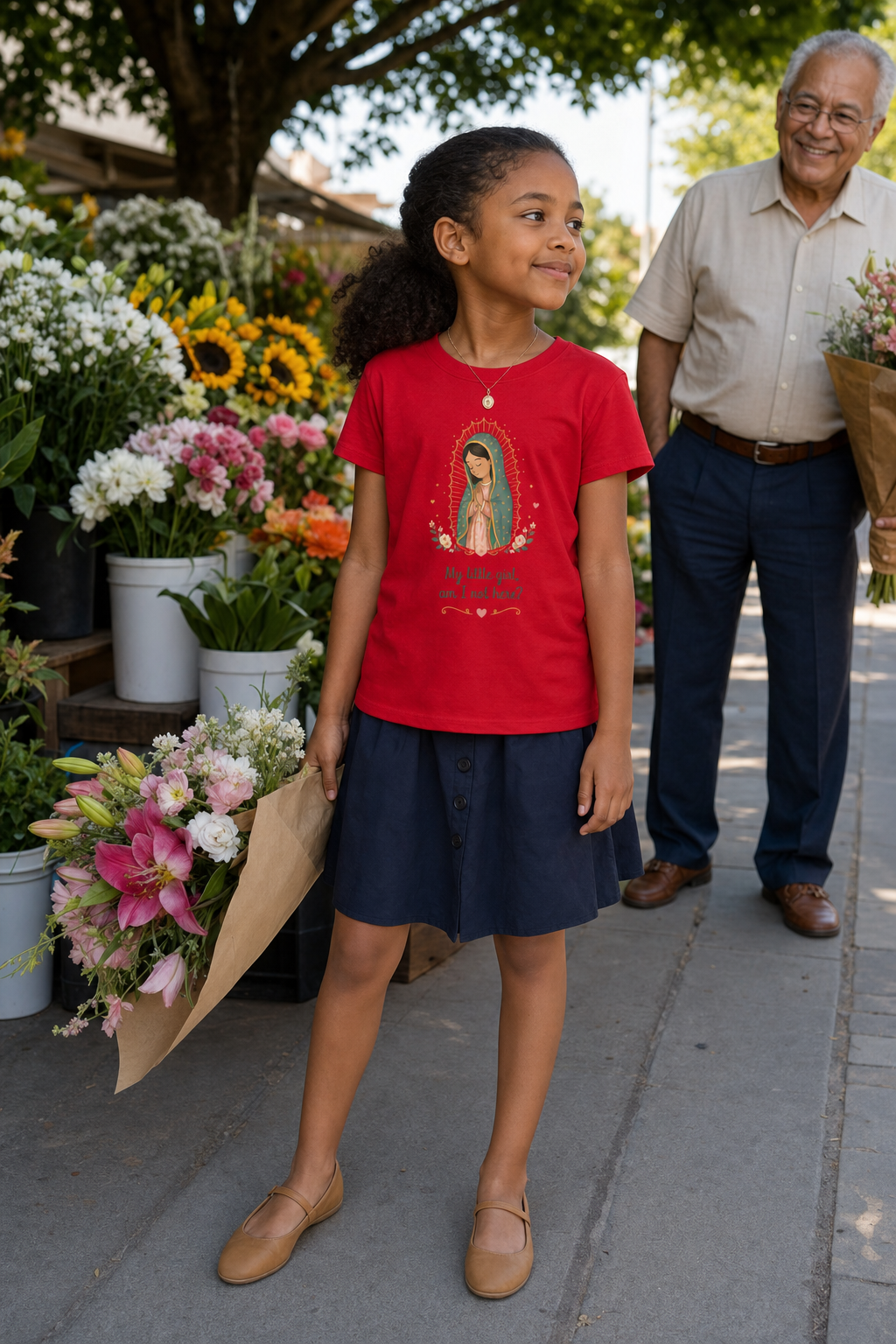 Girl wearing the My Little Girl Guadalupe Girls T-Shirt in Red