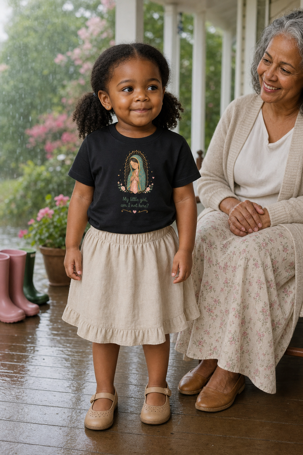 Little girl wearing the My Little Girl Guadalupe Toddler T-Shirt in Black
