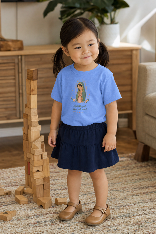Little girl wearing the My Little Girl Guadalupe Toddler T-Shirt in Heather Columbia Blue