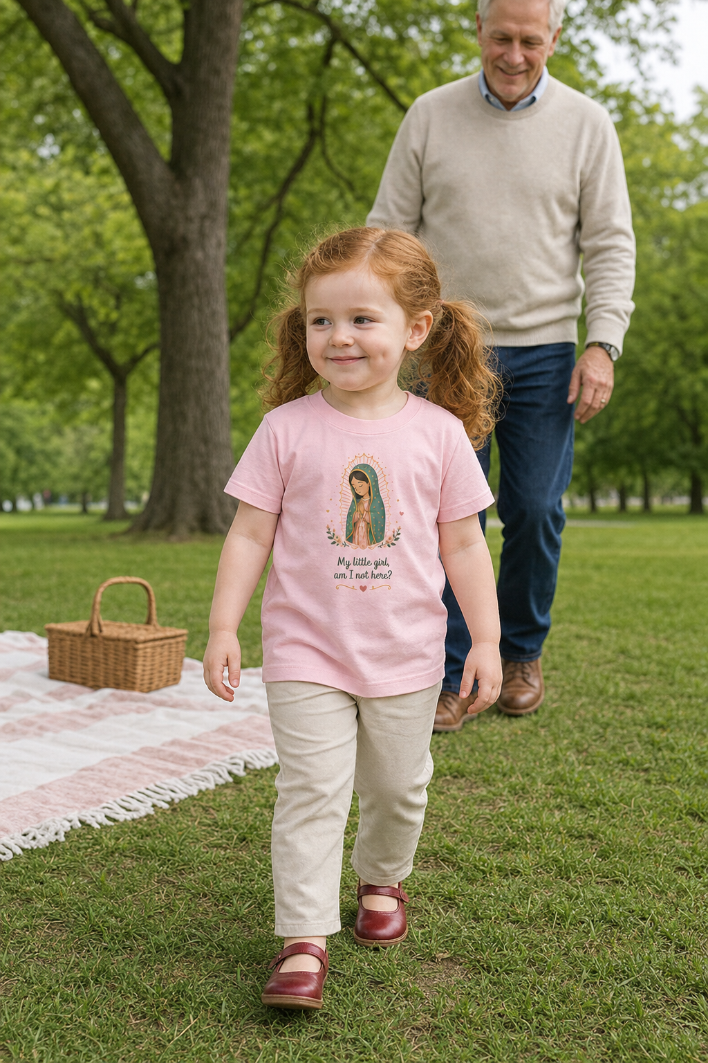 Little girl wearing the My Little Girl Guadalupe Toddler T-Shirt in Pink