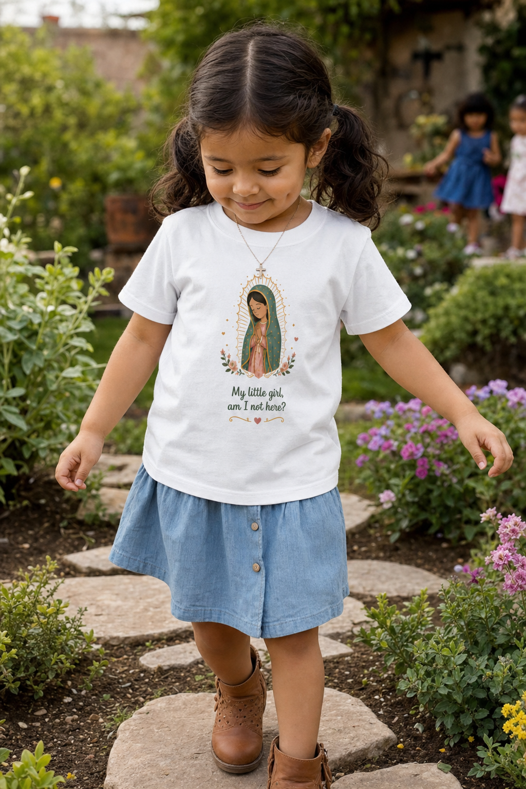 Little girl wearing the My Little Girl Guadalupe Toddler T-Shirt in White