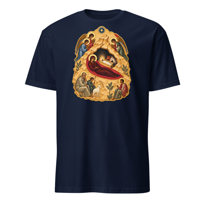 the-nativity-of-the-lord-tee Softstyle Flat · Navy · bnr-card:womens-clothing · bnr-card:mens-clothing · bnr-card:sacred-icons · bnr-card:jesus