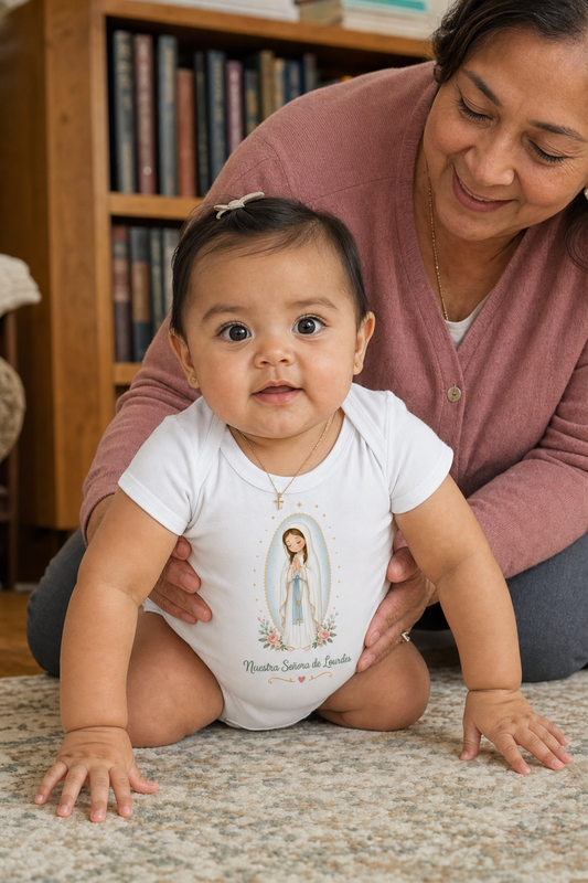Baby girl wearing the Nuestra Señora de Lourdes Baby Bodysuit in White