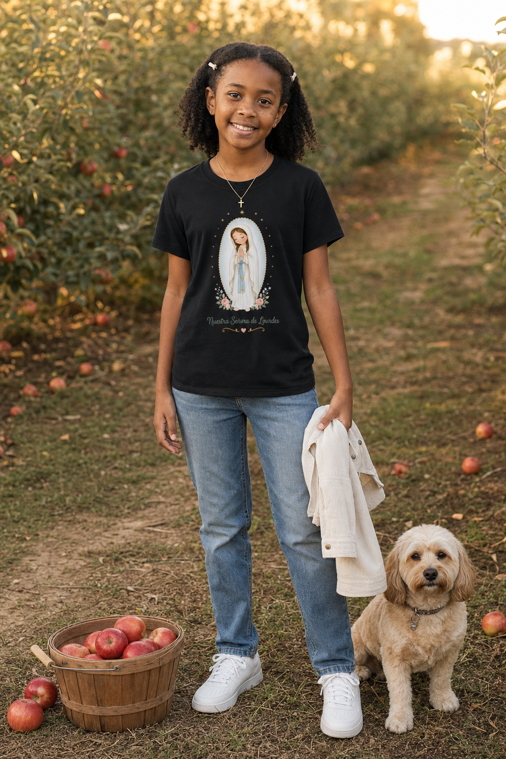 Girl wearing the Nuestra Señora de Lourdes Girls T-Shirt in Black