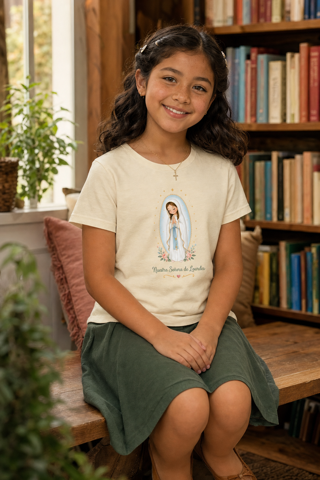 Girl wearing the Nuestra Señora de Lourdes Girls T-Shirt in Natural
