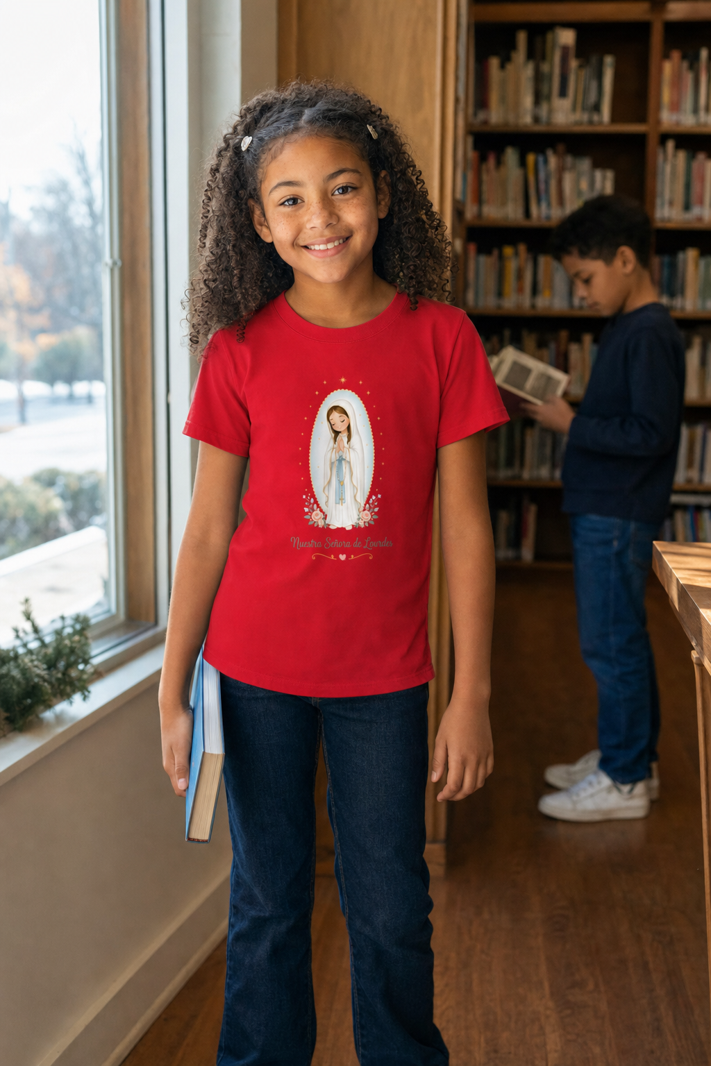 Girl wearing the Nuestra Señora de Lourdes Girls T-Shirt in Red