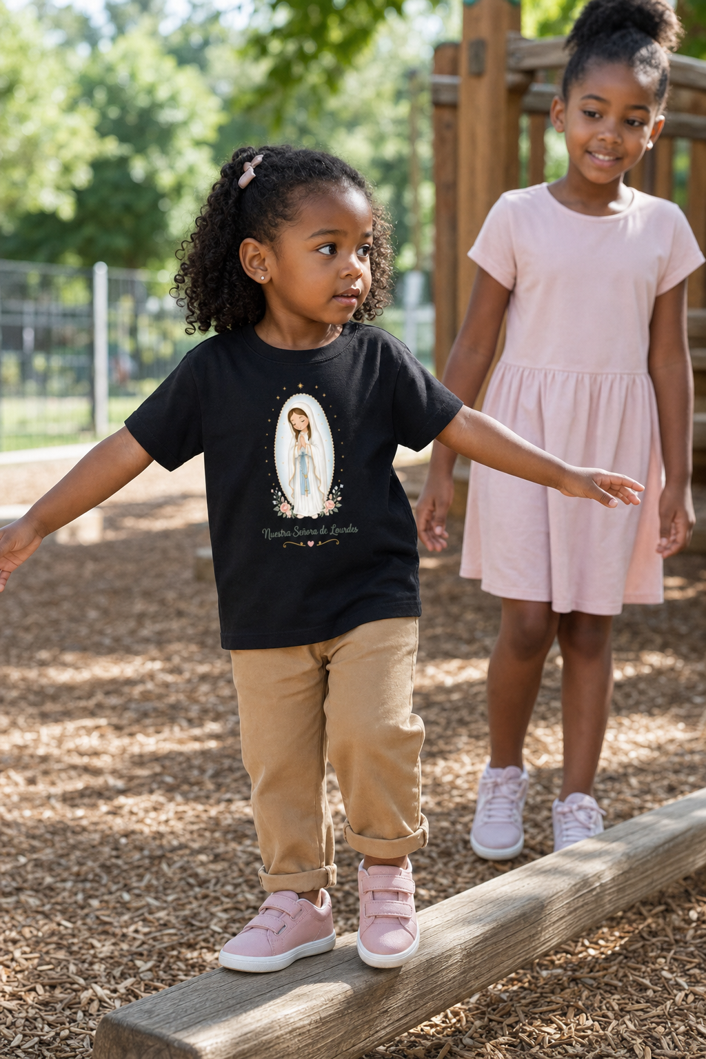 Little girl wearing the Nuestra Señora de Lourdes Toddler T-Shirt in Black