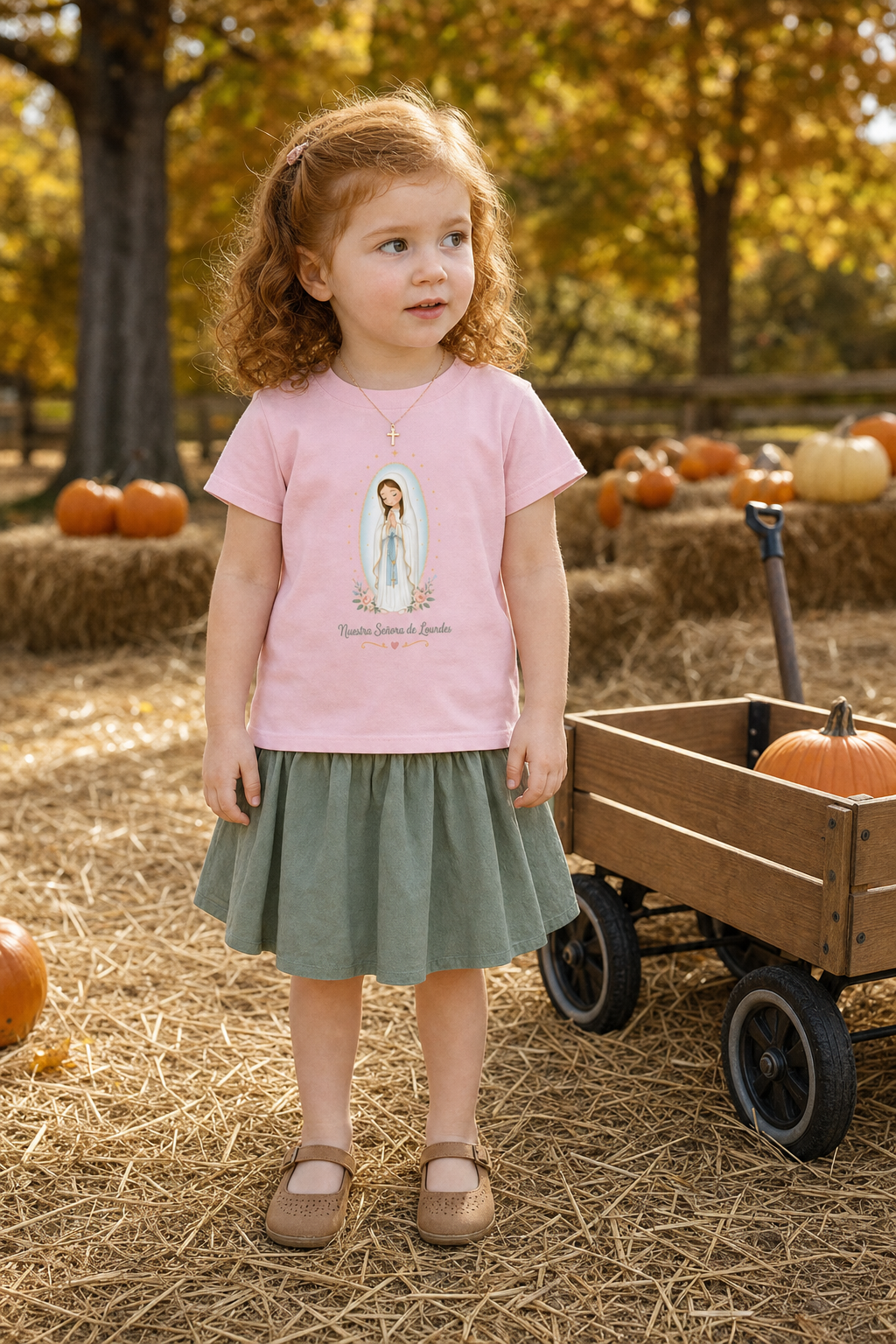Little girl wearing the Nuestra Señora de Lourdes Toddler T-Shirt in Pink