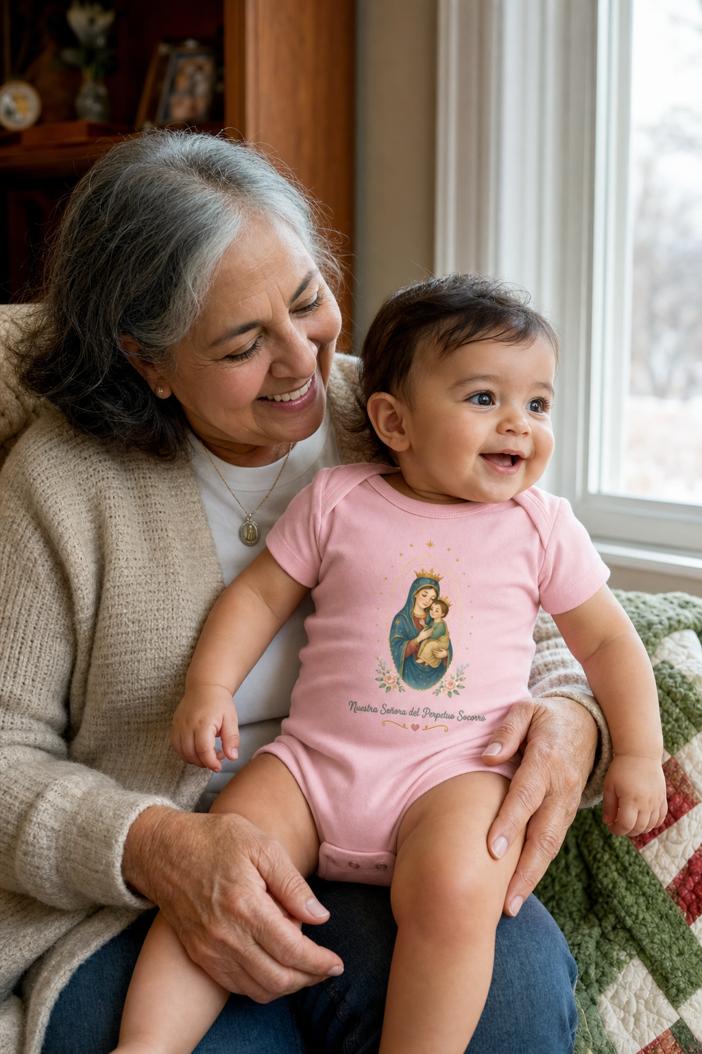 Baby girl wearing the Nuestra Señora del Perpetuo Socorro Baby Bodysuit in Pink