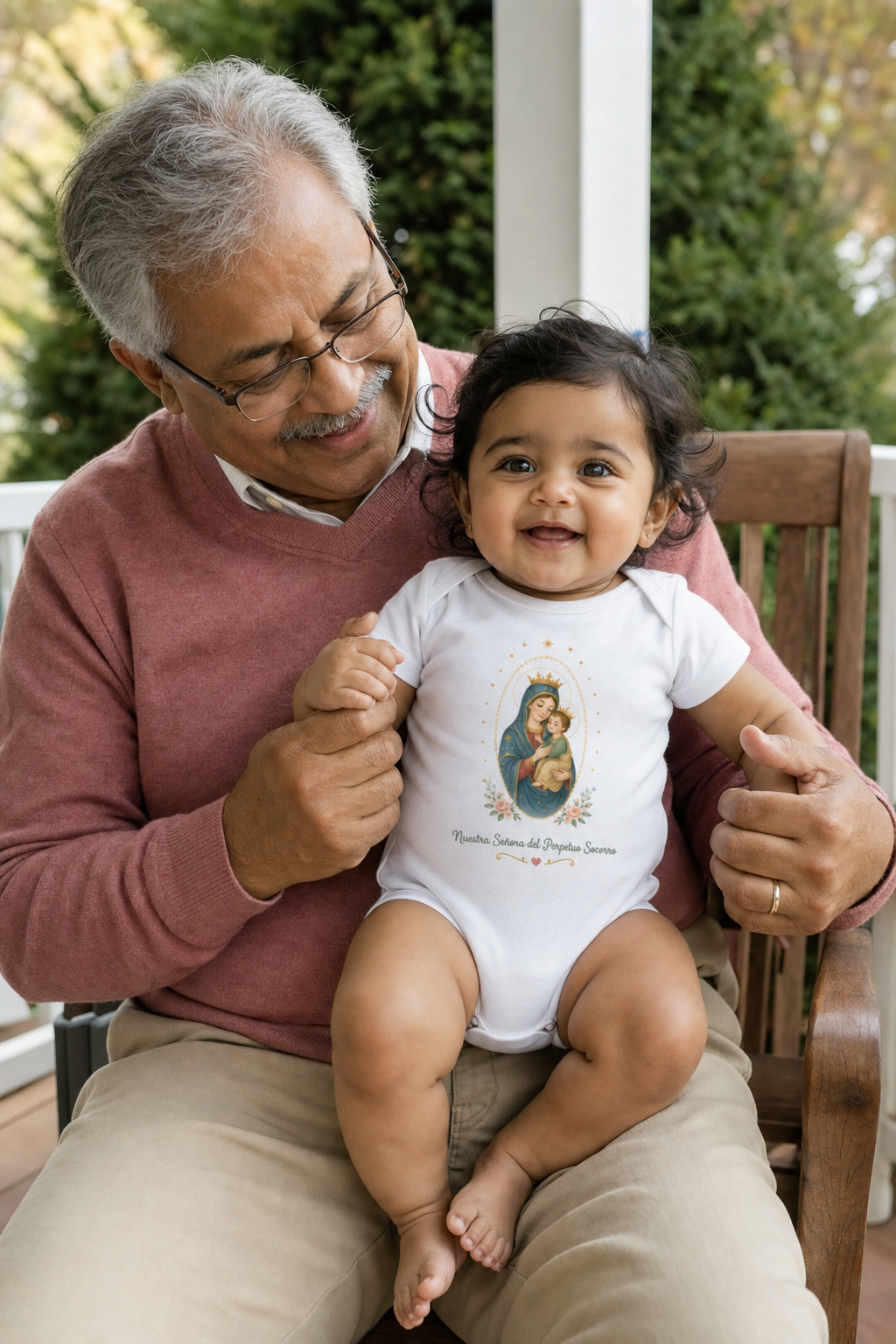 Baby girl wearing the Nuestra Señora del Perpetuo Socorro Baby Bodysuit in White