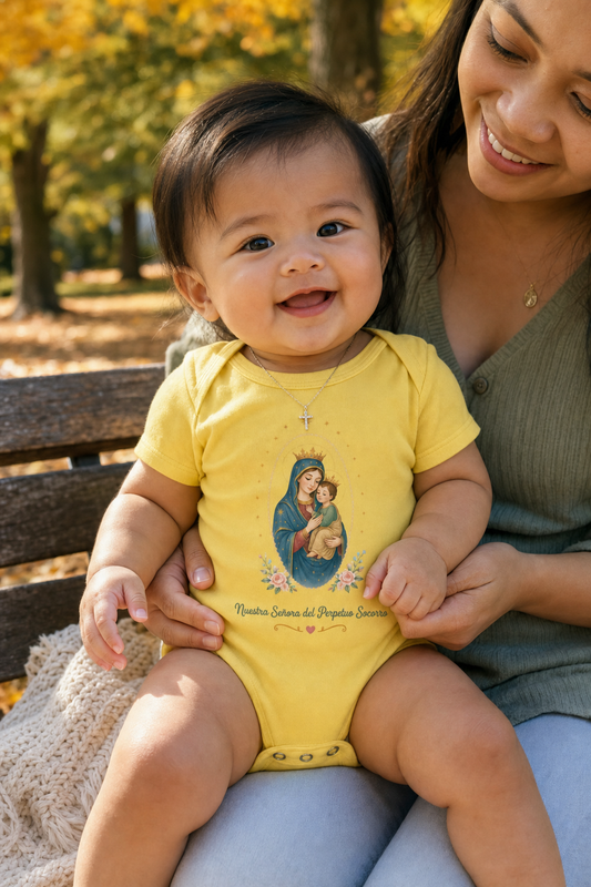 Baby girl wearing the Nuestra Señora del Perpetuo Socorro Baby Bodysuit in Yellow