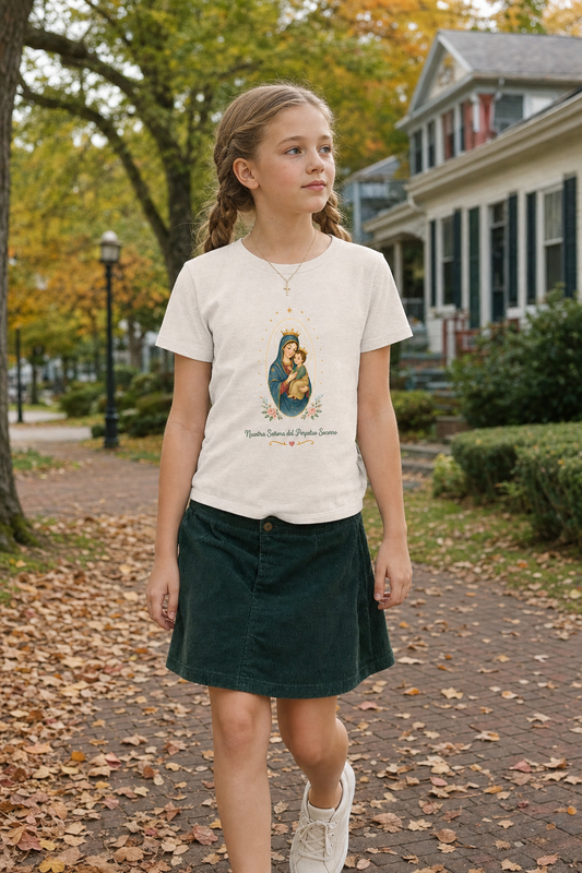 Girl wearing the Nuestra Señora del Perpetuo Socorro Girls T-Shirt in Heather Dust