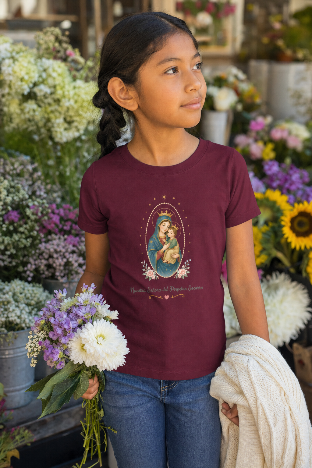 Girl wearing the Nuestra Señora del Perpetuo Socorro Girls T-Shirt in Maroon