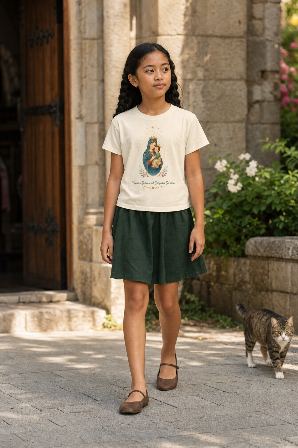 Girl wearing the Nuestra Señora del Perpetuo Socorro Girls T-Shirt in Natural