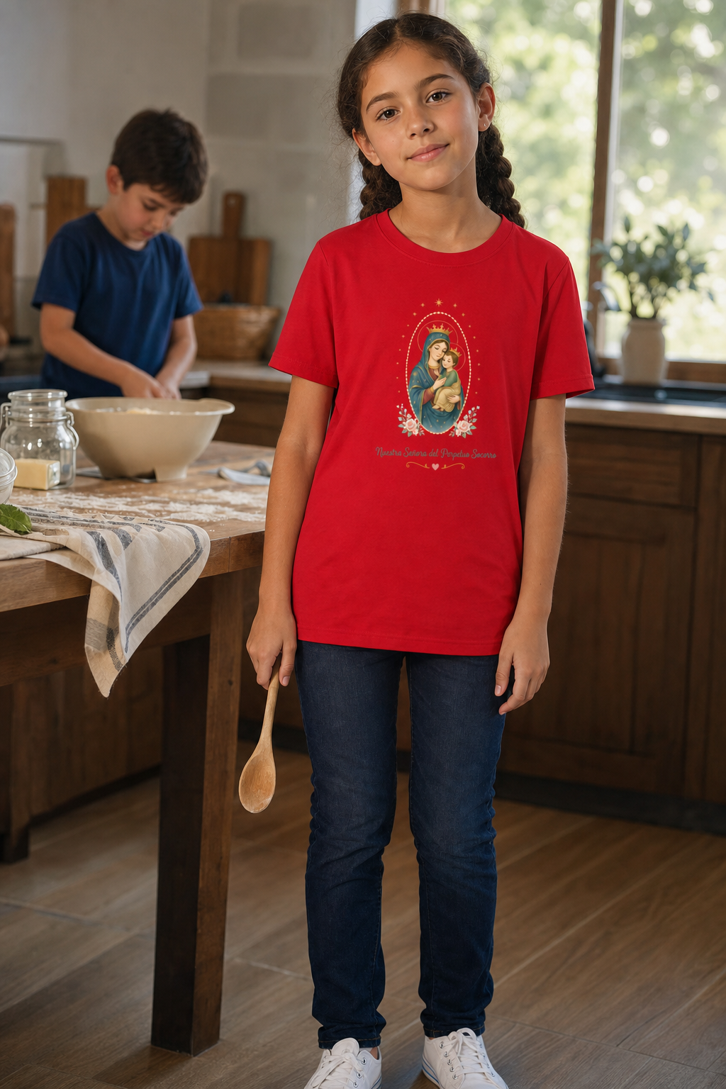 Girl wearing the Nuestra Señora del Perpetuo Socorro Girls T-Shirt in Red