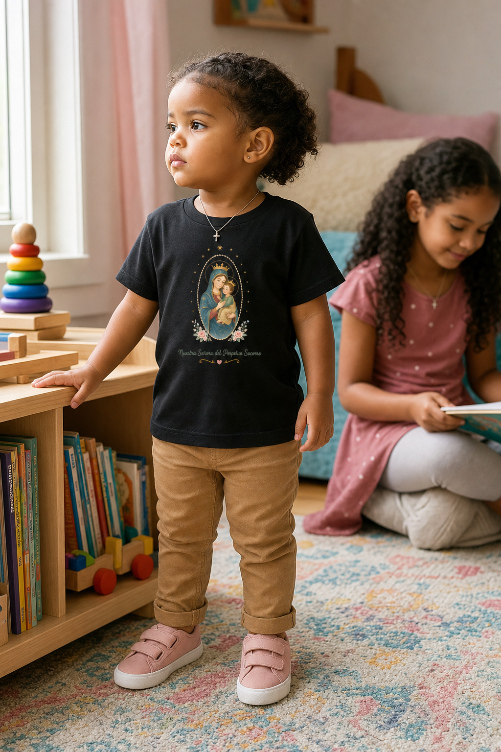Little girl wearing the Nuestra Señora del Perpetuo Socorro Toddler T-Shirt in Black