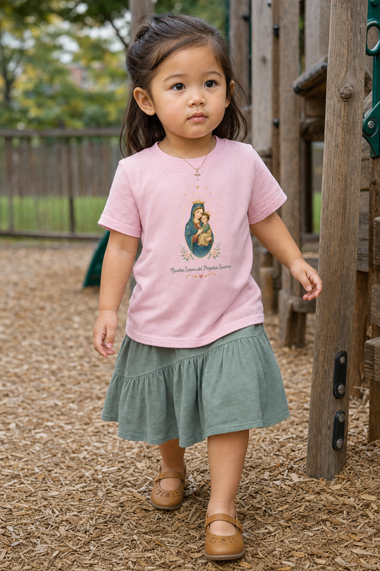 Little girl wearing the Nuestra Señora del Perpetuo Socorro Toddler T-Shirt in Pink
