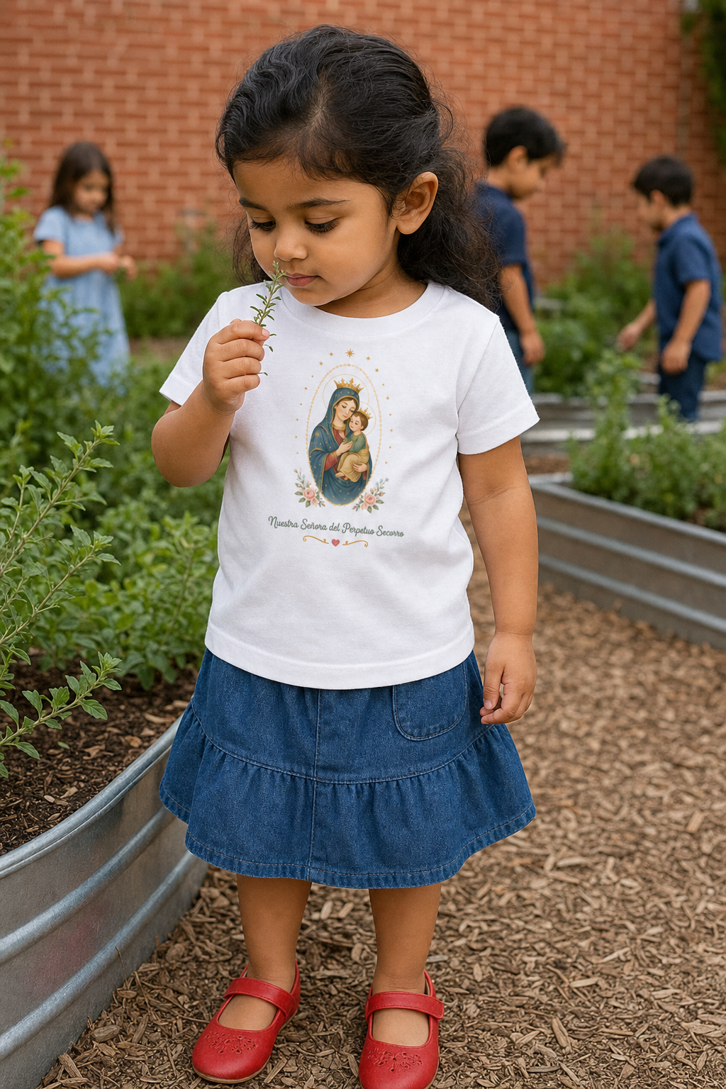 Little girl wearing the Nuestra Señora del Perpetuo Socorro Toddler T-Shirt in White