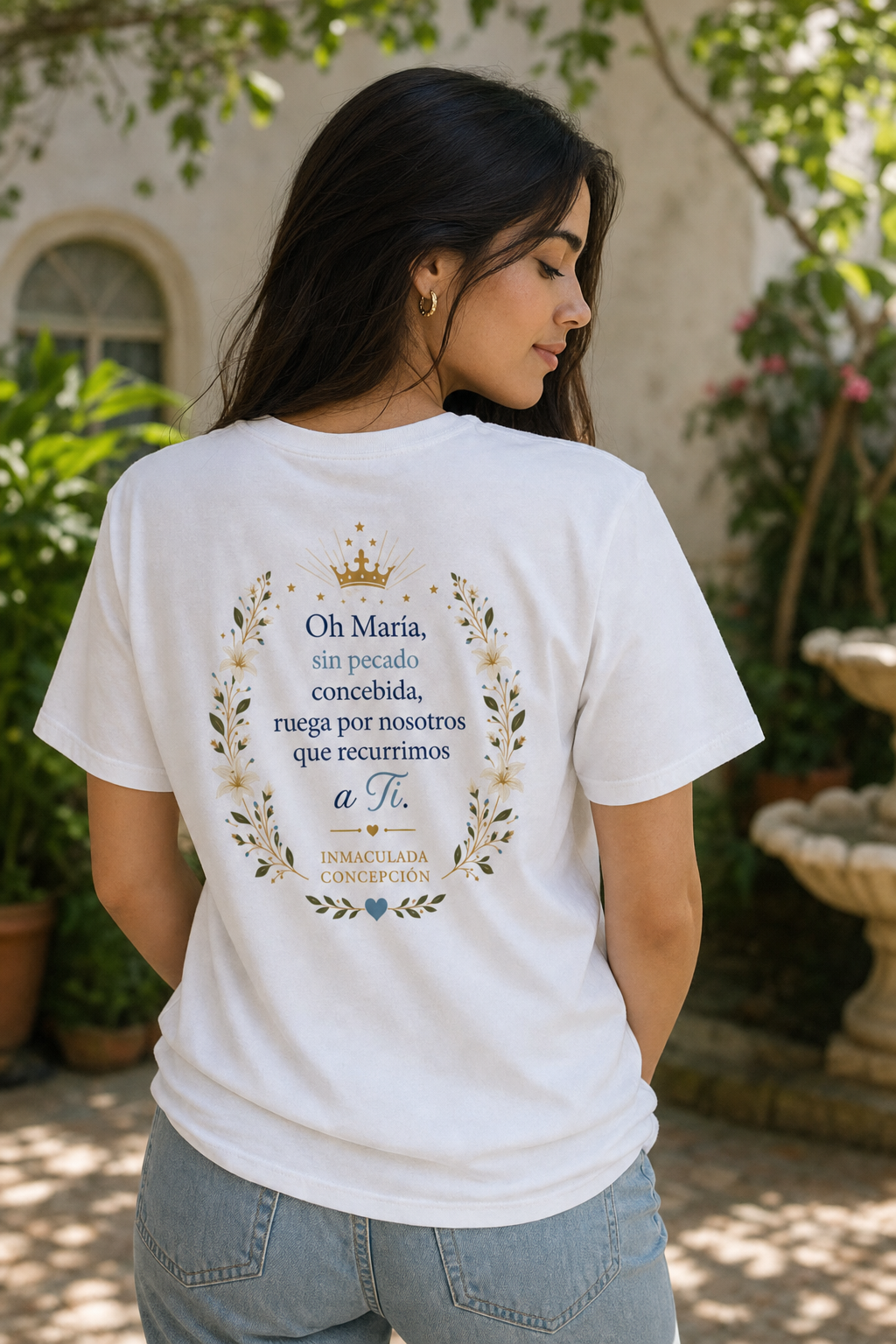 Woman wearing Oh María Inmaculada t-shirt — back print