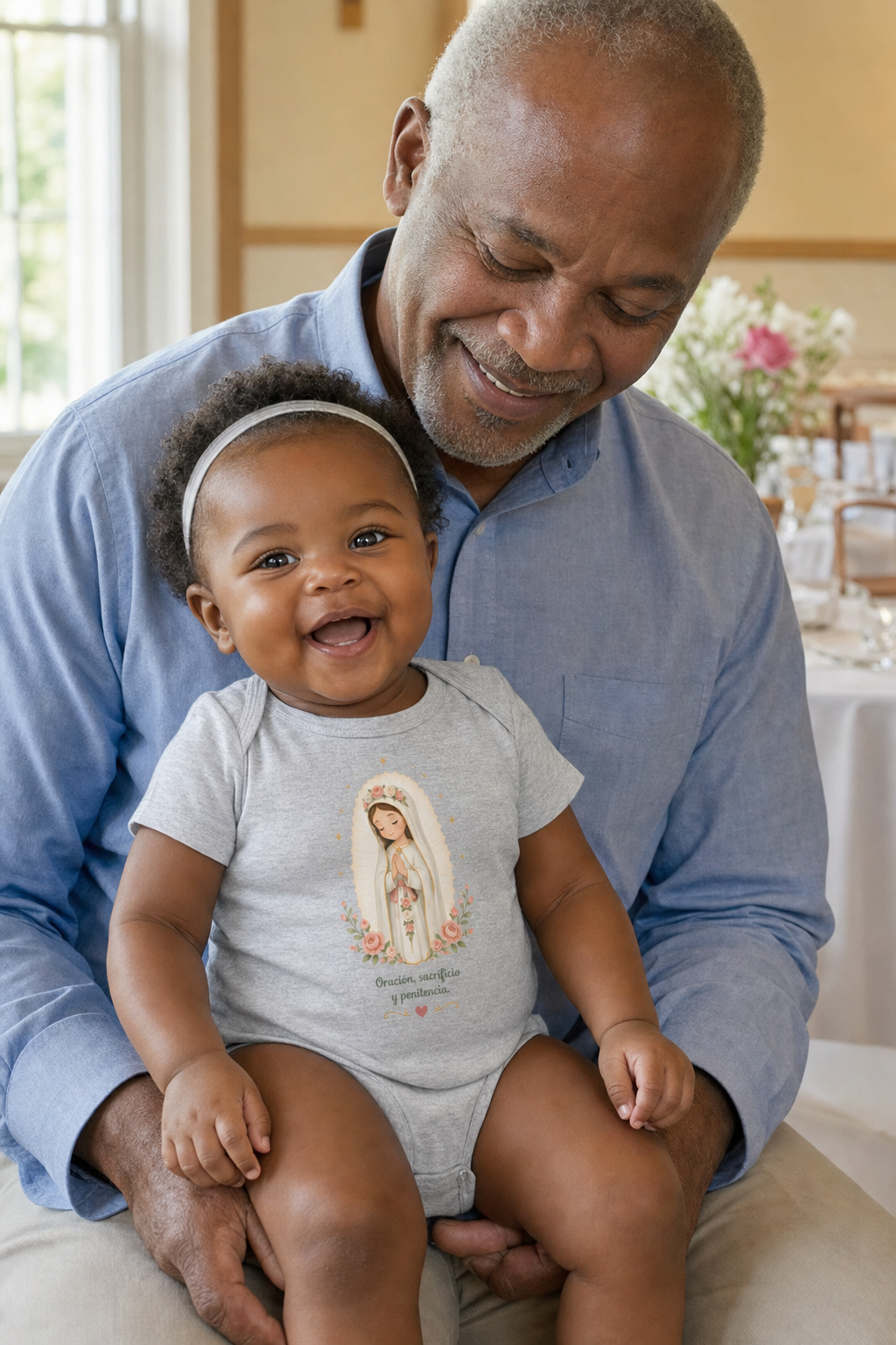 Baby girl wearing the Oración Sacrificio Penitencia Baby Bodysuit in Athletic Heather