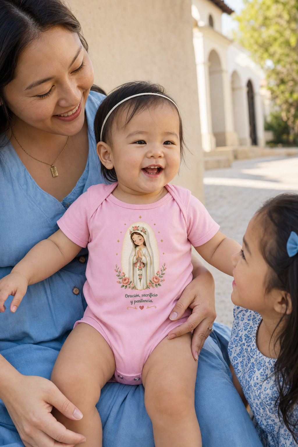 Baby girl wearing the Oración Sacrificio Penitencia Baby Bodysuit in Pink