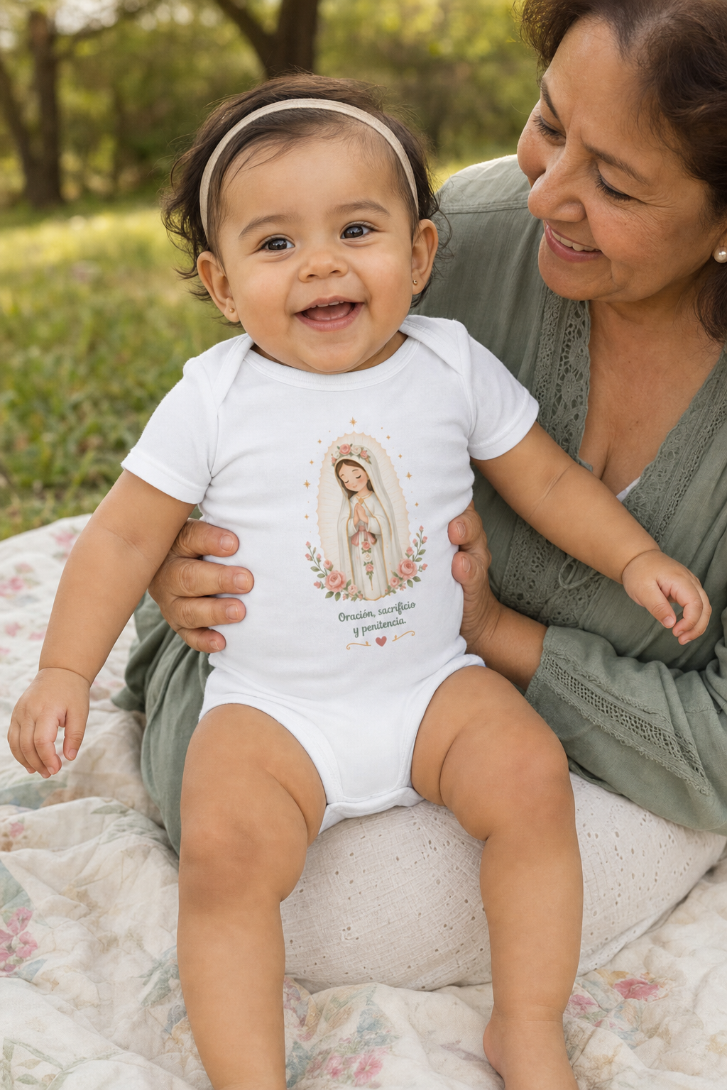 Baby girl wearing the Oración Sacrificio Penitencia Baby Bodysuit in White