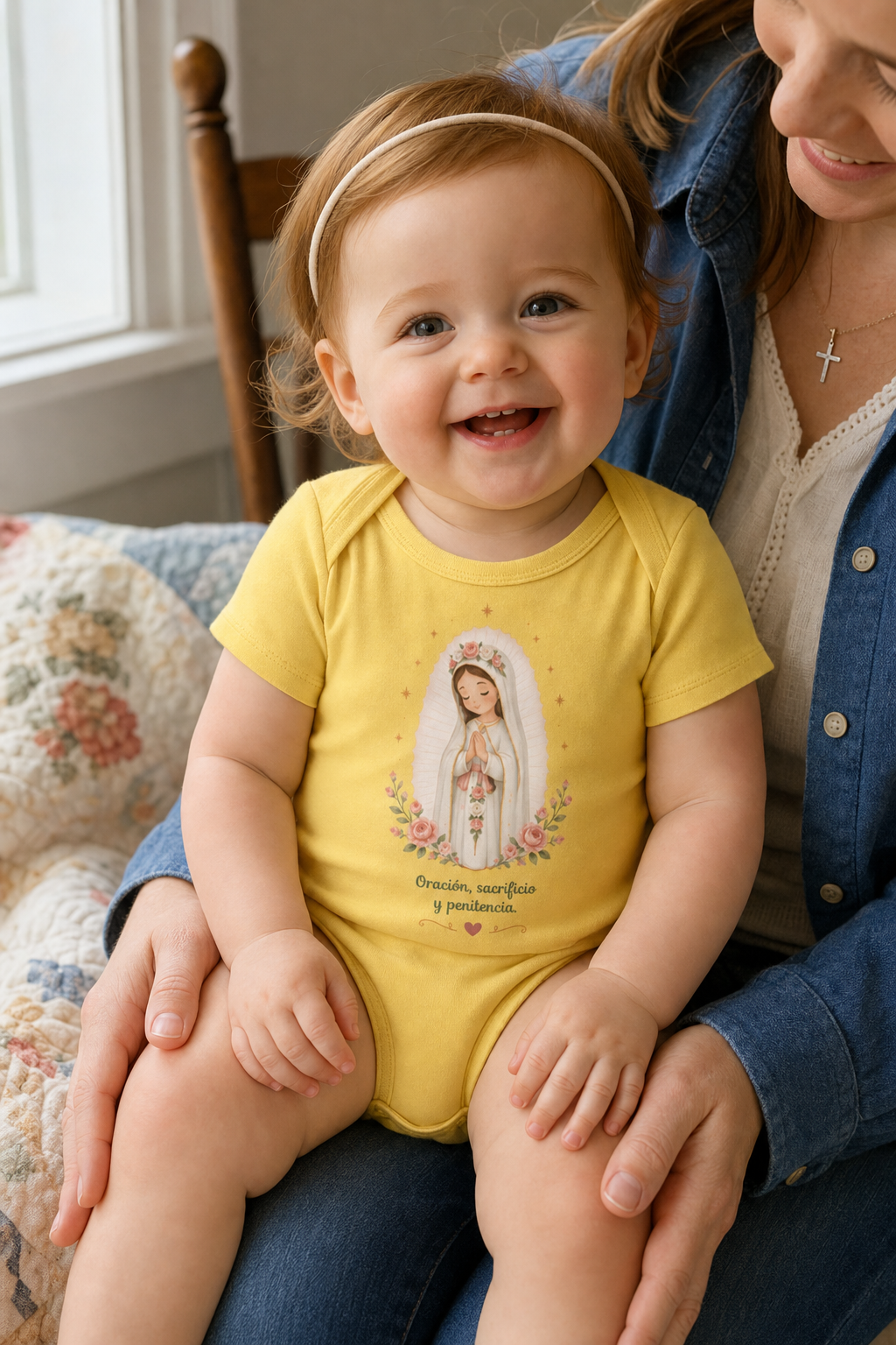 Baby girl wearing the Oración Sacrificio Penitencia Baby Bodysuit in Yellow