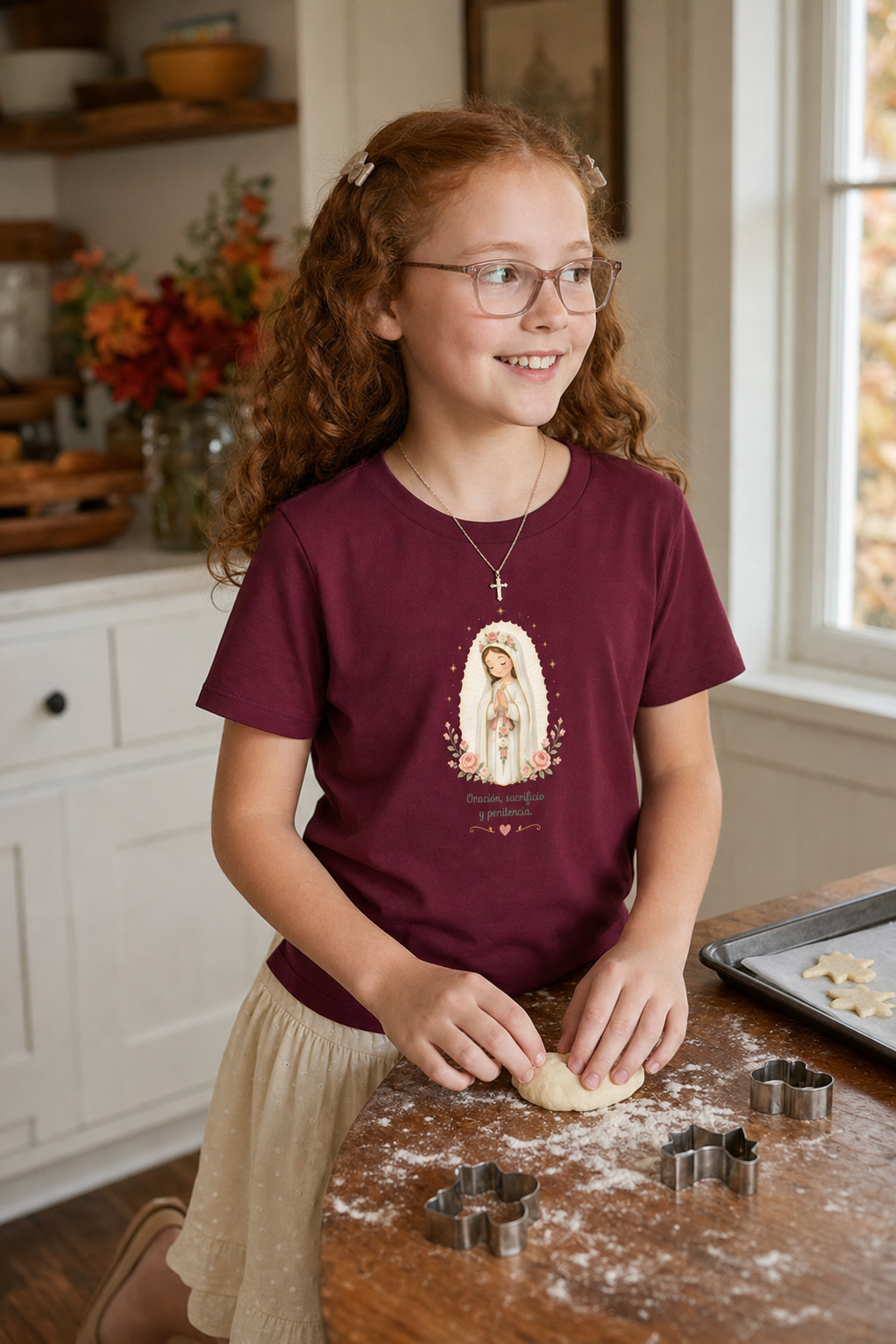 Girl wearing the Oración Sacrificio Penitencia Girls T-Shirt in Maroon