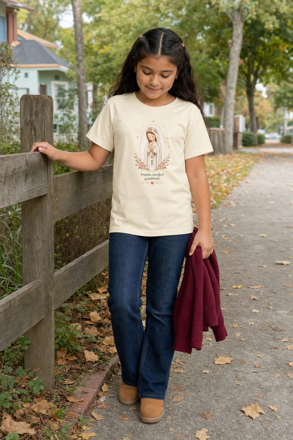 Girl wearing the Oración Sacrificio Penitencia Girls T-Shirt in Natural