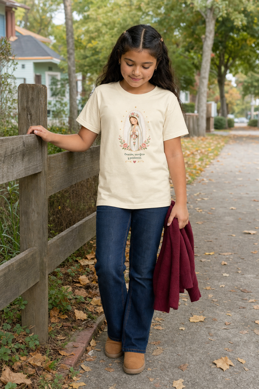 Girl wearing the Oración Sacrificio Penitencia Girls T-Shirt in Natural