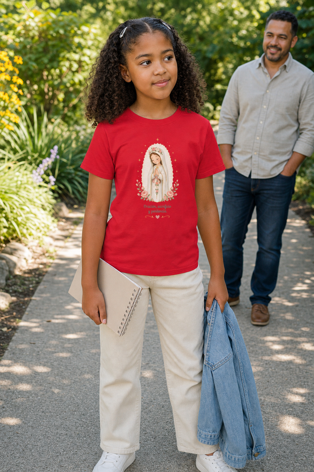 Girl wearing the Oración Sacrificio Penitencia Girls T-Shirt in Red