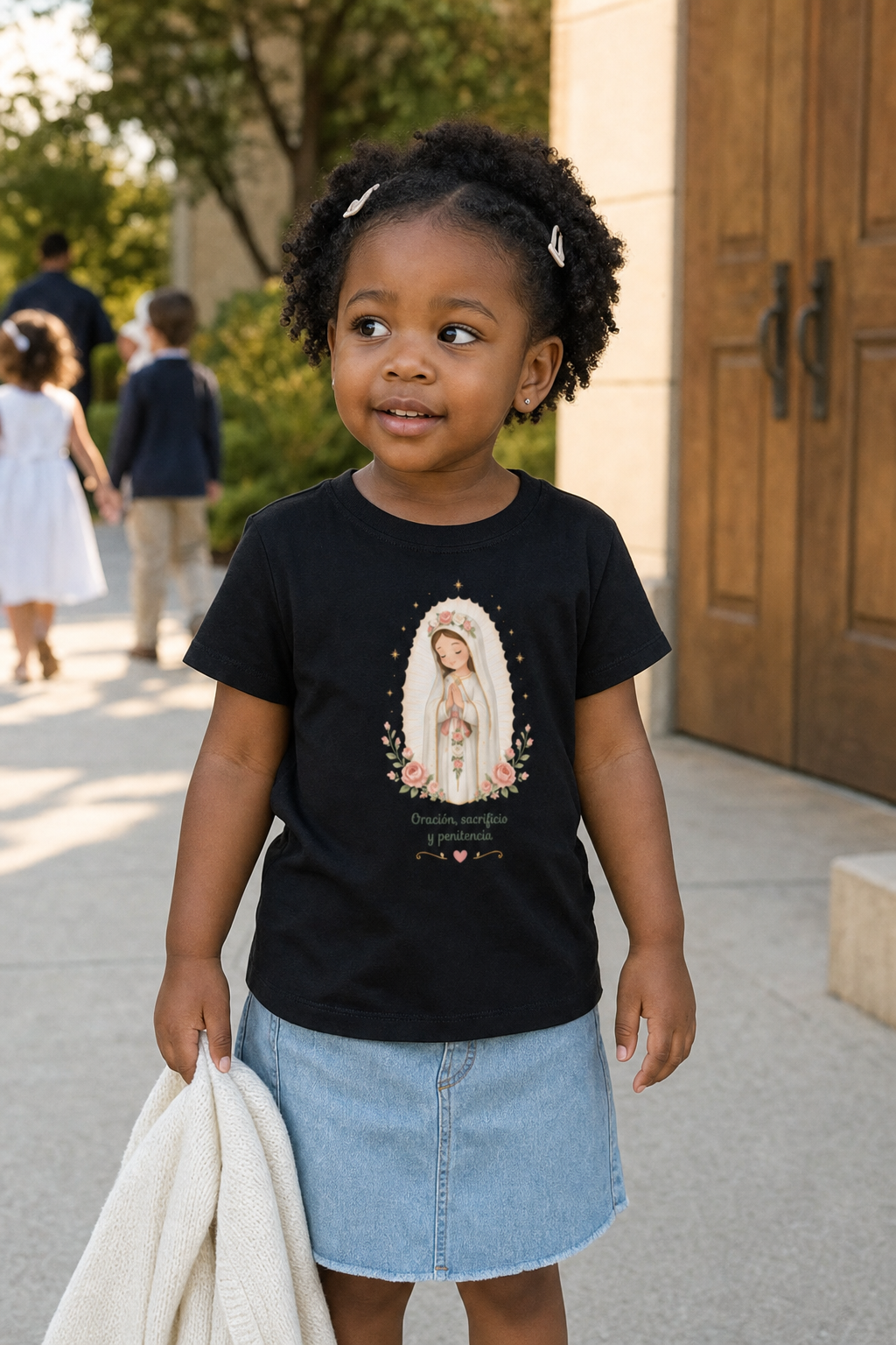 Little girl wearing the Oración Sacrificio Penitencia Toddler T-Shirt in Black