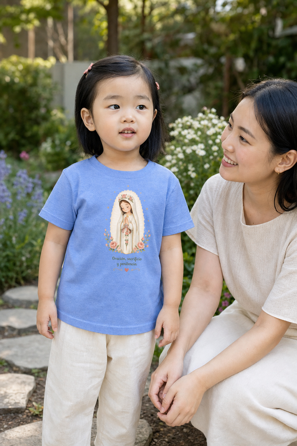 Little girl wearing the Oración Sacrificio Penitencia Toddler T-Shirt in Heather Columbia Blue
