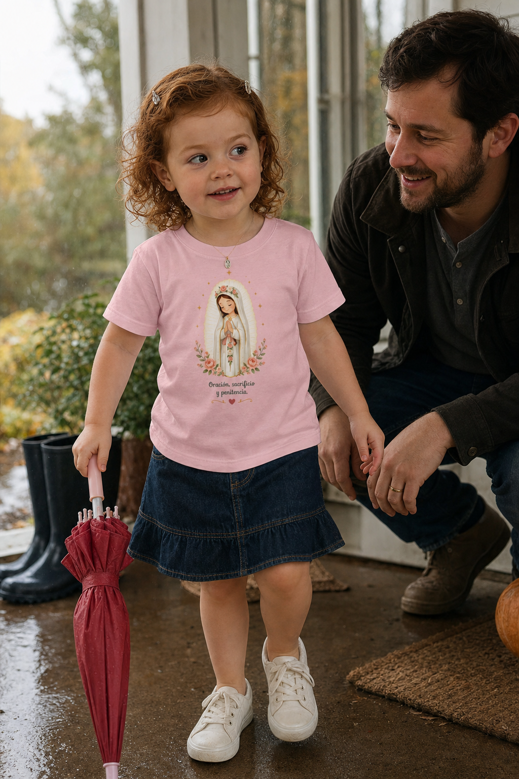 Little girl wearing the Oración Sacrificio Penitencia Toddler T-Shirt in Pink