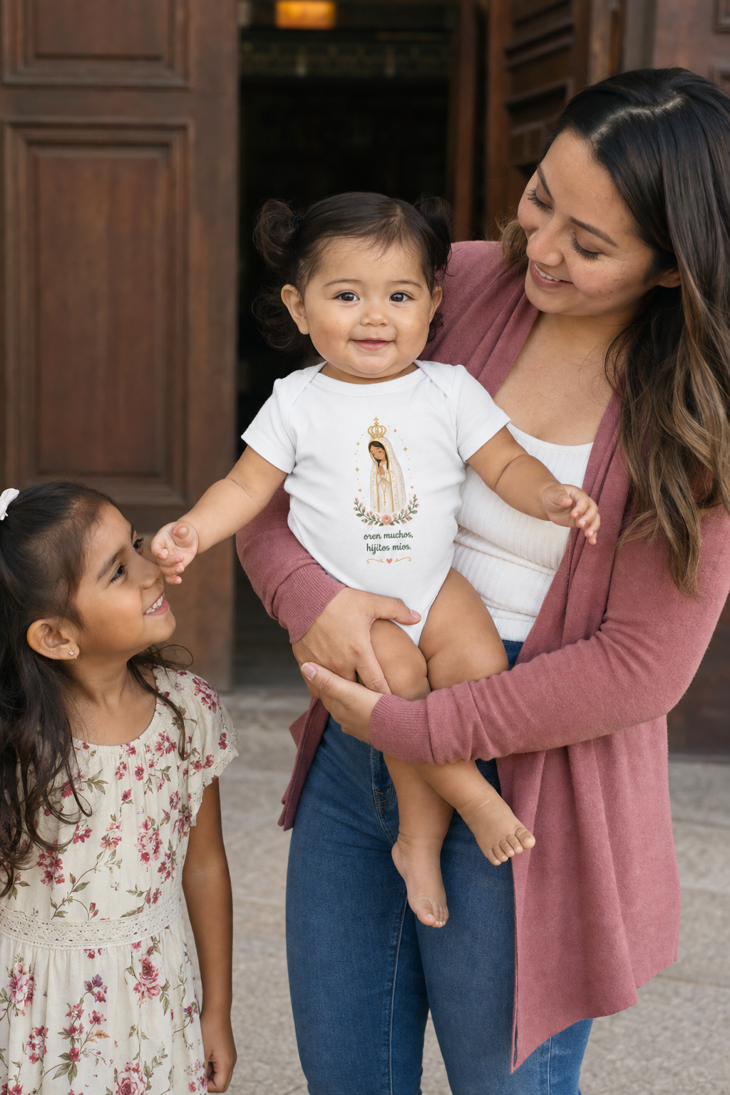 Baby girl wearing the Oren Muchos Fátima Baby Bodysuit in White