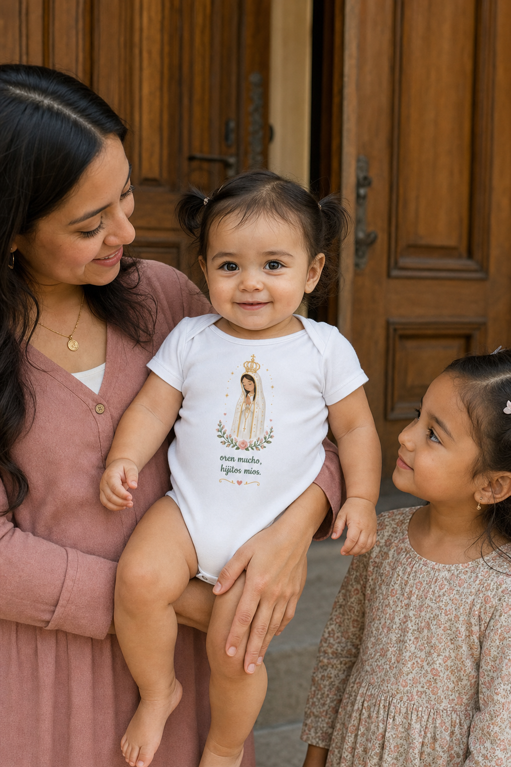 Baby girl wearing the Oren Mucho Fátima Baby Bodysuit in White